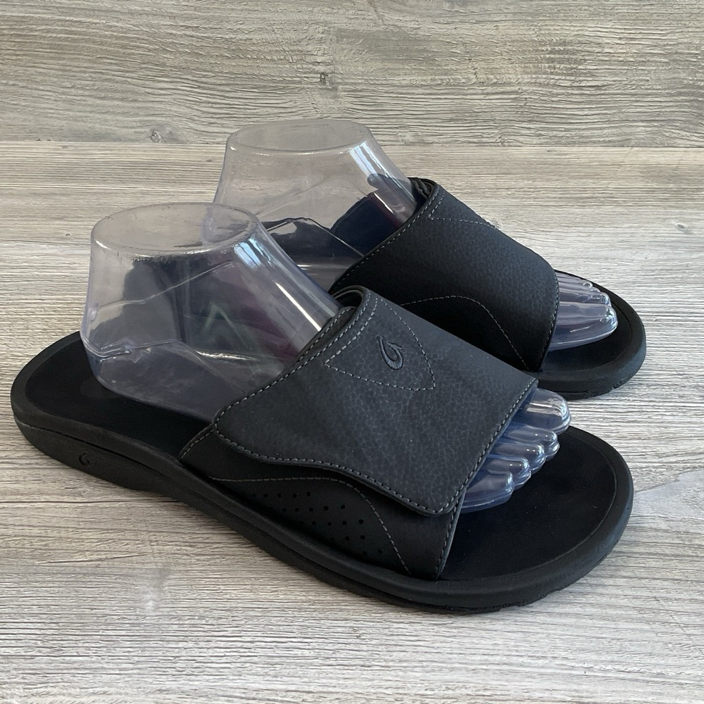 OluKai Nalu Sandals Mens 10 Casual Slides Adjustable Strap Comfort Flats Black